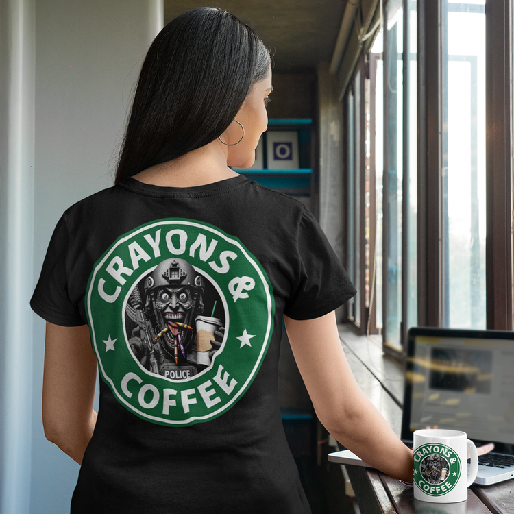 back view of woman drinking a cup of coffee while wearing a black cotton short sleeve original T-shirt by Achilles Tactical Clothing Brand with Crayons & Coffee design across back