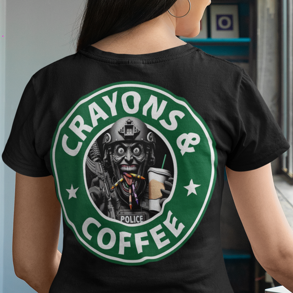 Back view of woman drinking a cup of coffee while wearing a black cotton short sleeve original T-shirt by Achilles Tactical Clothing Brand with Crayons & Coffee design across back