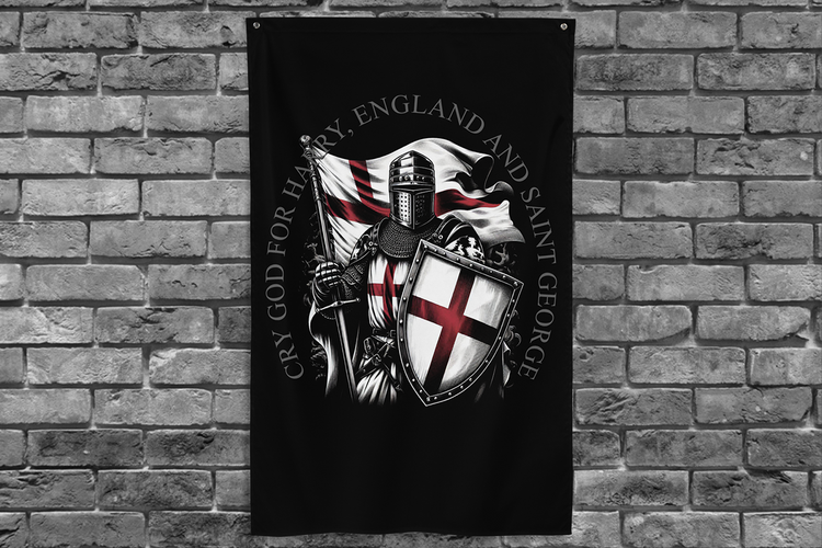 vertical banner flag by Achilles Tactical Clothing Brand hanging on a grey brick wall with saint george design