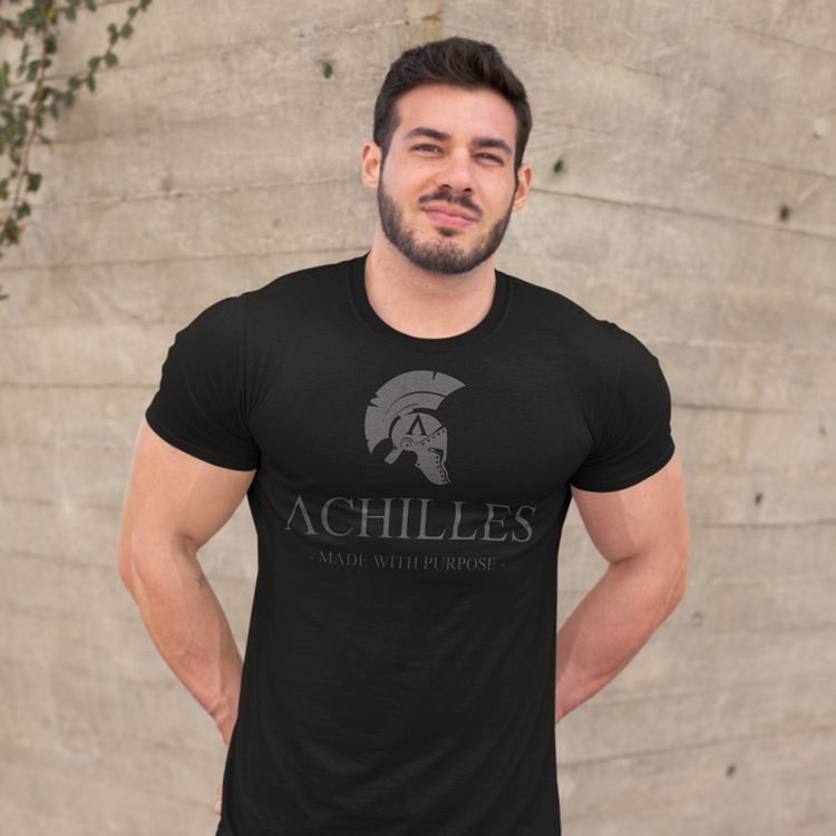 man wearing heavyweight classic black cotton short sleeve t-shirt from Achilles Tactical Clothing Brand 