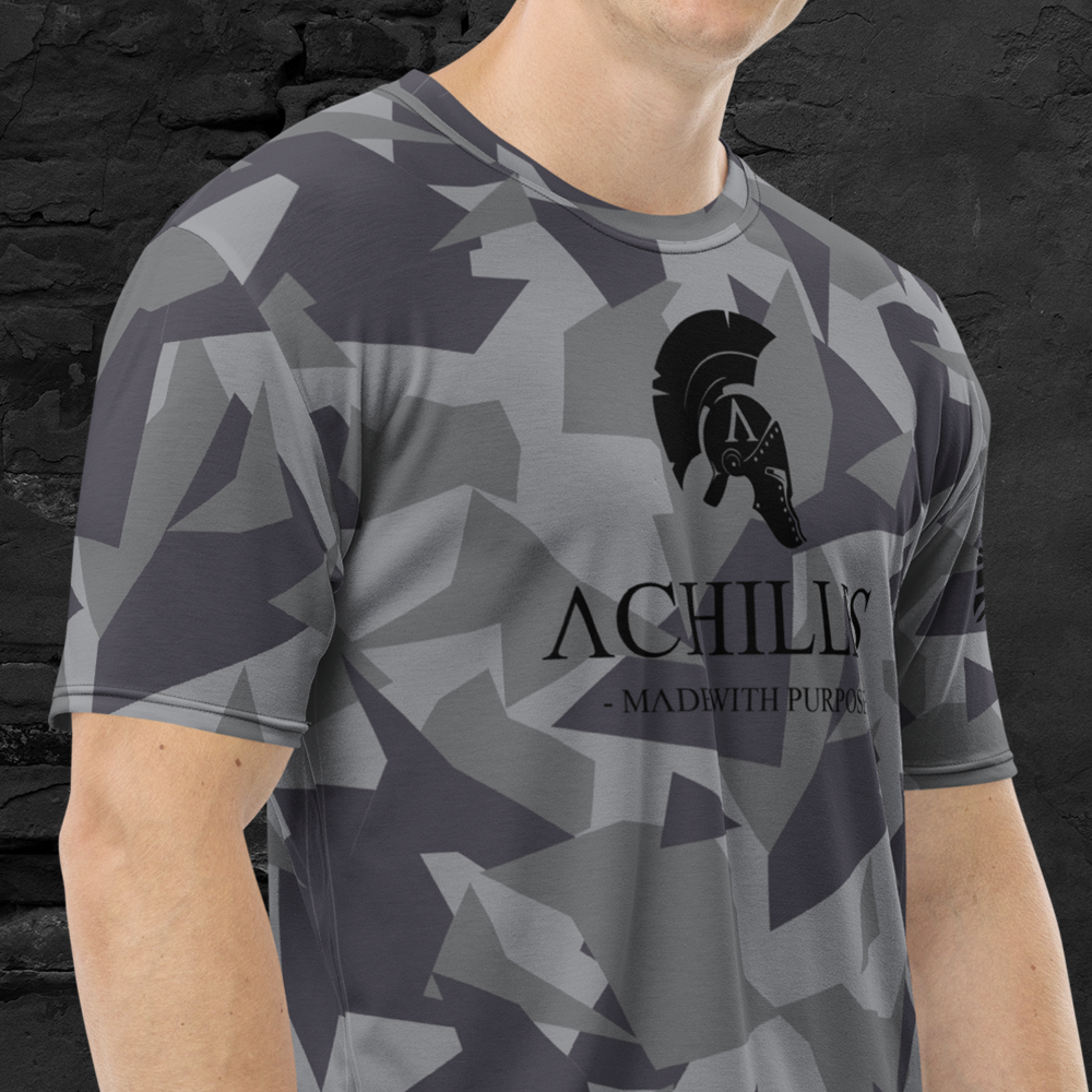 Front side view of man wearing grey geo multi-cam technical training tee