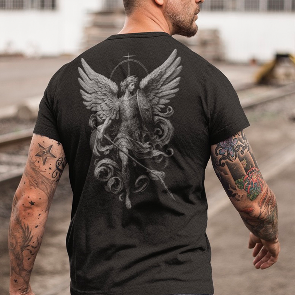 Back view of man wearing original Achilles Tactical Clothing Brand T-shirt