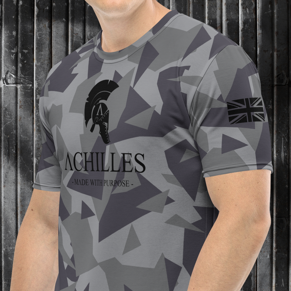 Front side view of man wearing grey multi-cam technical training tee with black signature logo across chest