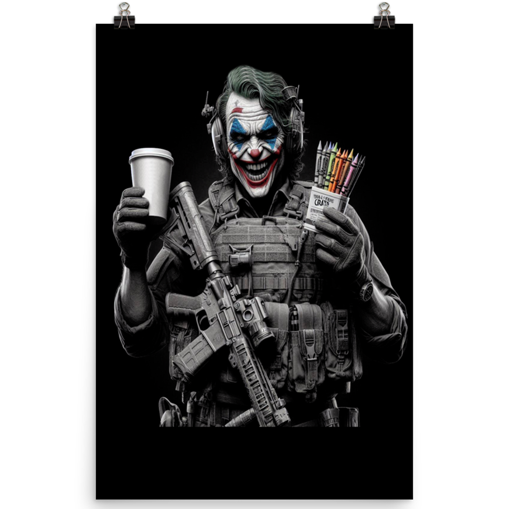 Woman holding original art print rom Achilles Tactical Clothing Brand of Tactical Clown design