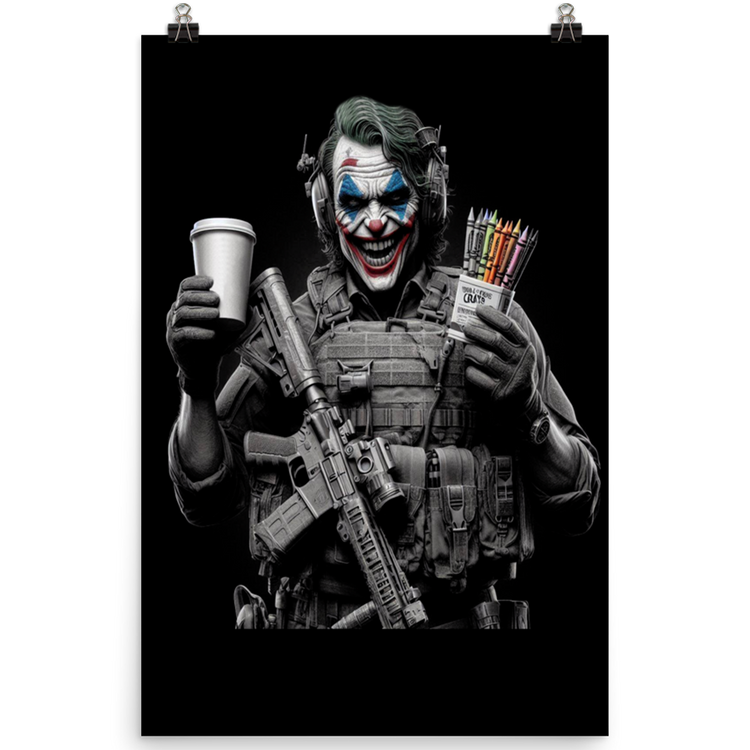 Woman holding original art print rom Achilles Tactical Clothing Brand of Tactical Clown design