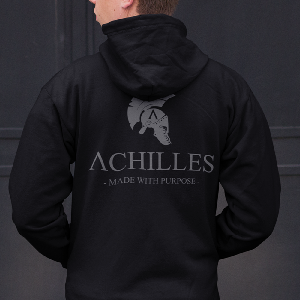 close up back view of a man wearing an Achilles Tactical Clothing Brand zipper hoodie