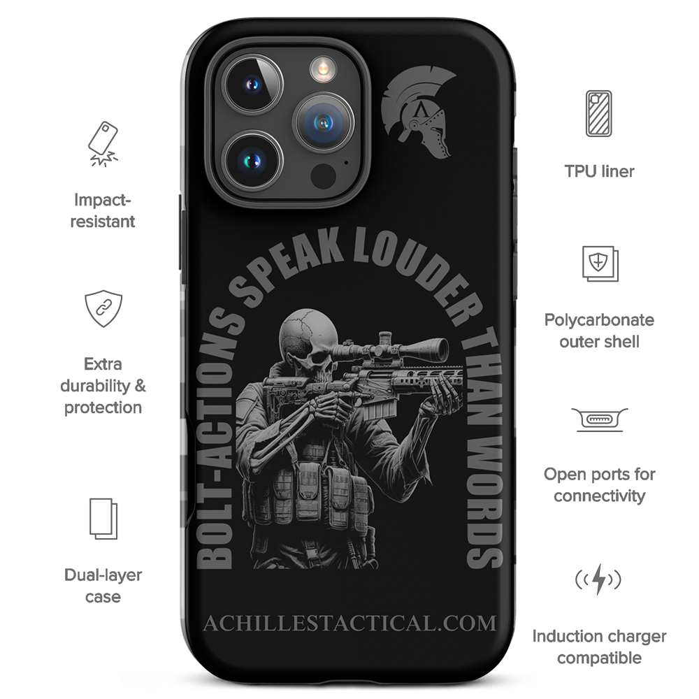 Detailed view of Achilles Tactical Clothing Brand case for iphone with bolt-actions design