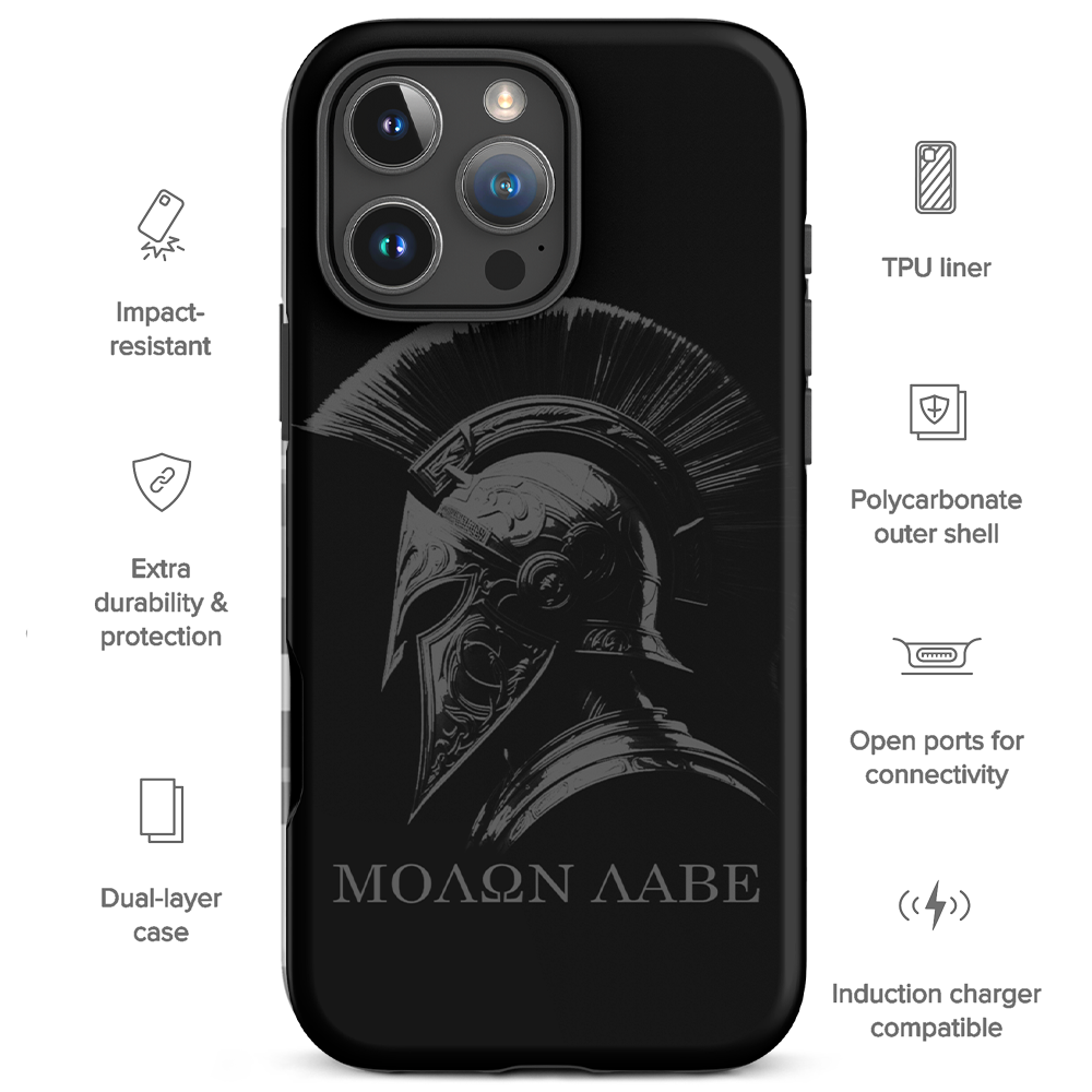 Front view of Achilles Tactical Clothing Brand case for iphone with molon labe design with details