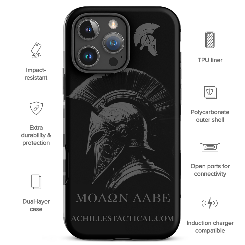 Front view of Achilles Tactical Clothing Brand case for iphone with molon labe design with details