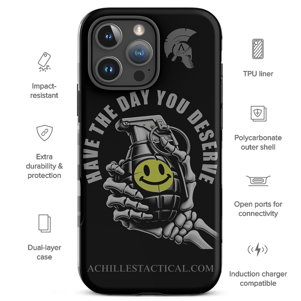 Detailed view of Achilles Tactical Clothing Brand case for iphone with the day you deserve design