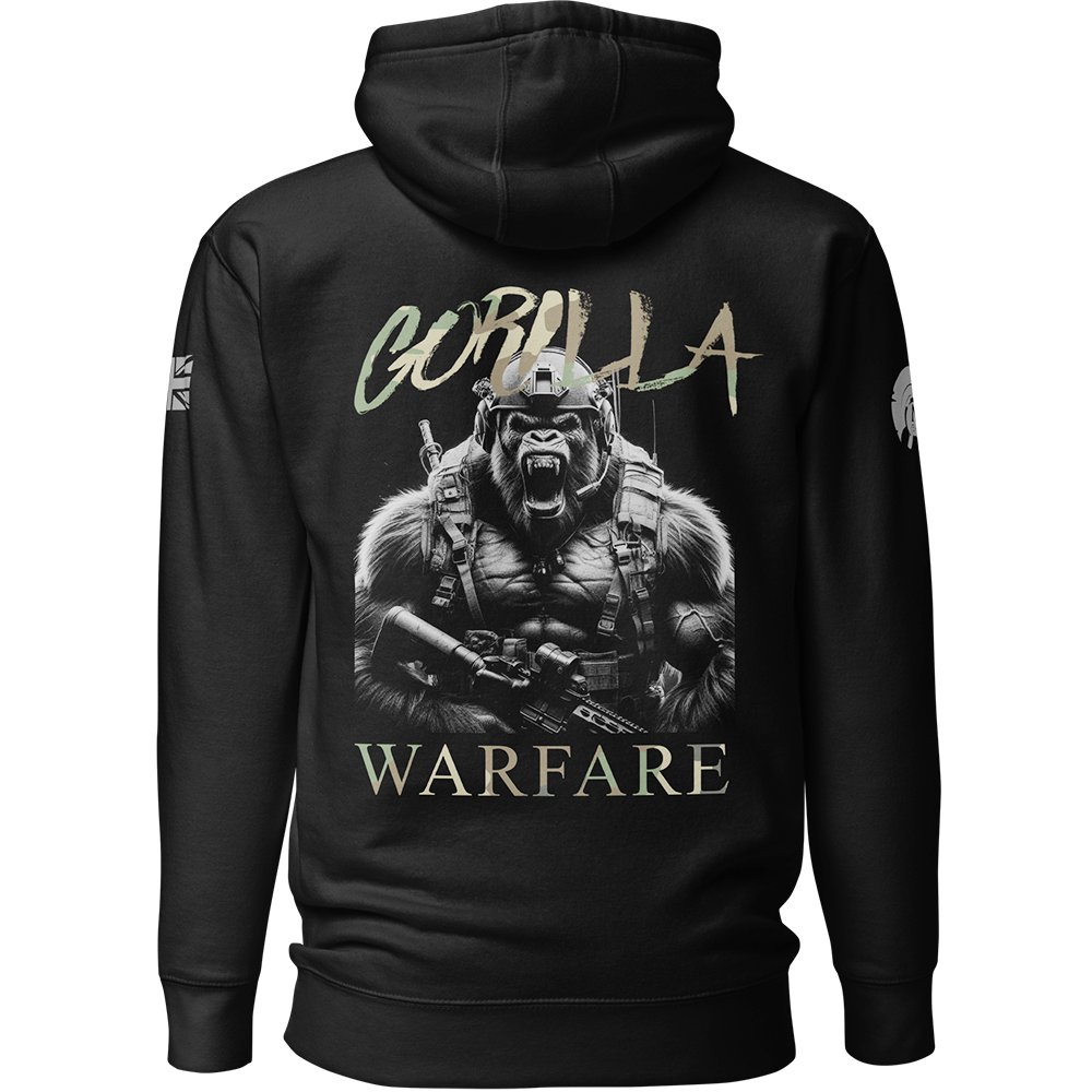 Back view of Black unisex fit Pullover Hoodie by Achilles Tactical Clothing Brand printed with Large Gorilla Warfare design across back