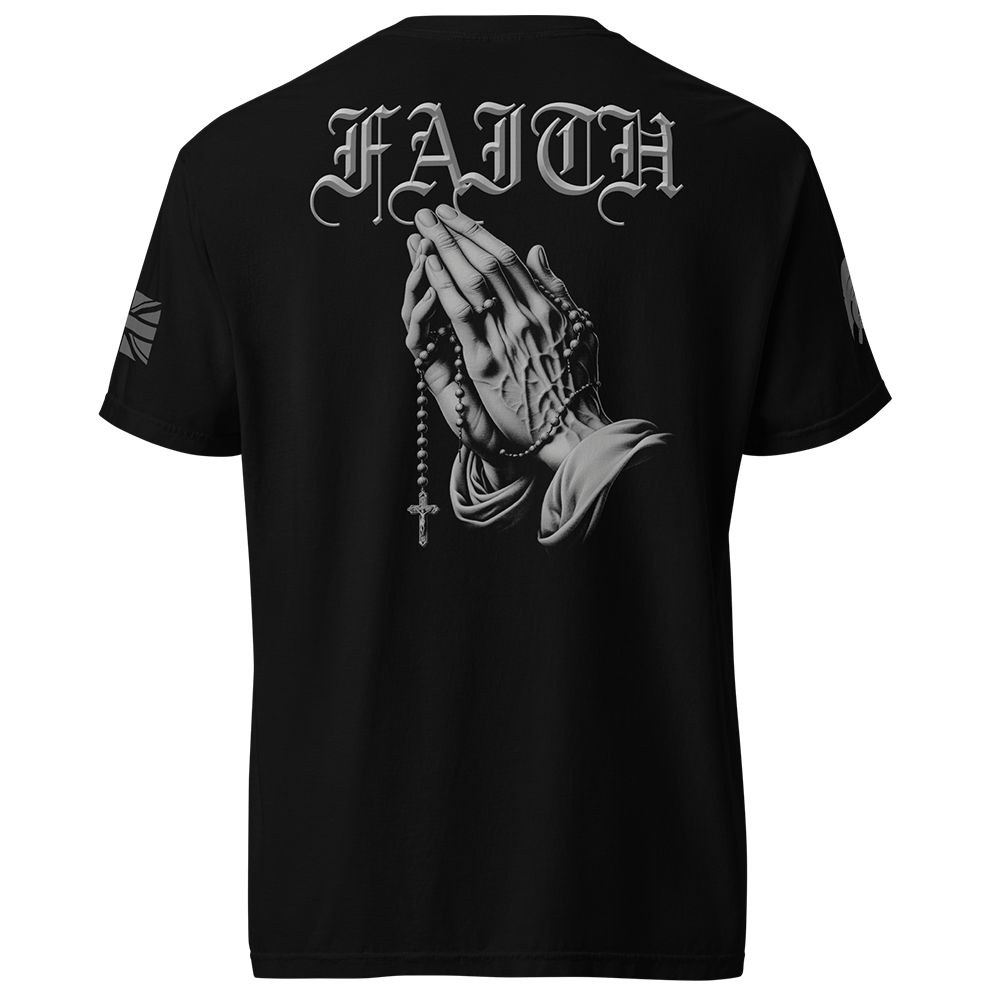 Back view of Black short sleeve unisex fit classic cotton T-Shirt by Achilles Tactical Clothing Brand printed with Large Faith design across back