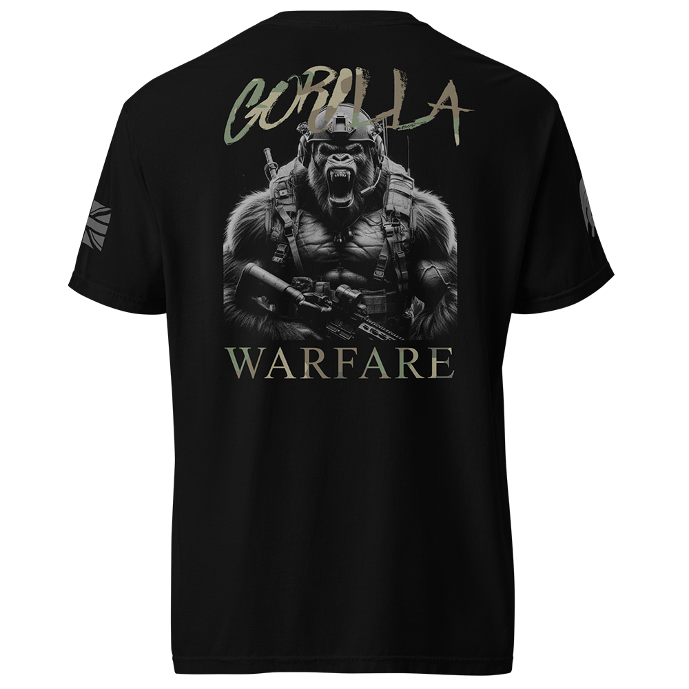 Back view of Black short sleeve classic cotton unisex fit T-Shirt by Achilles Tactical Clothing Brand with screen printed Gorilla Warfare design on back