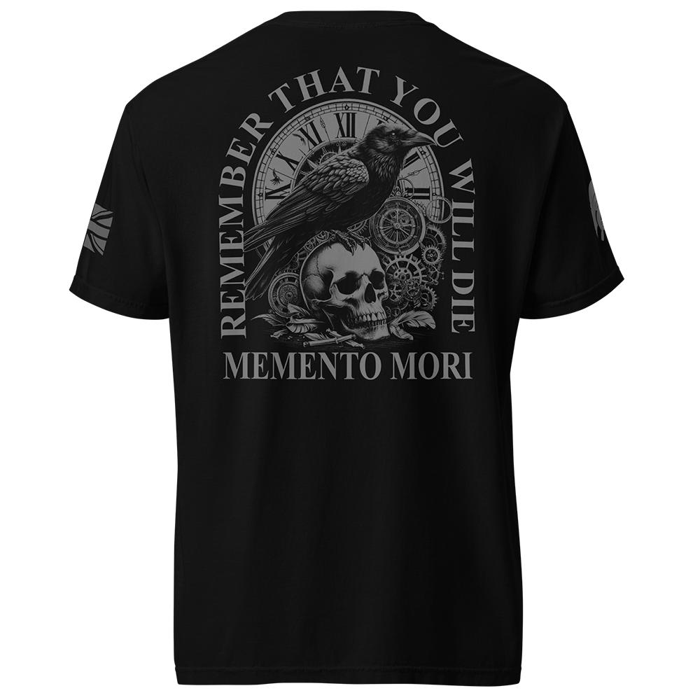 Back view of Black short sleeve classic cotton unisex fit T-Shirt by Achilles Tactical Clothing Brand with screen printed Memento Mori design on back