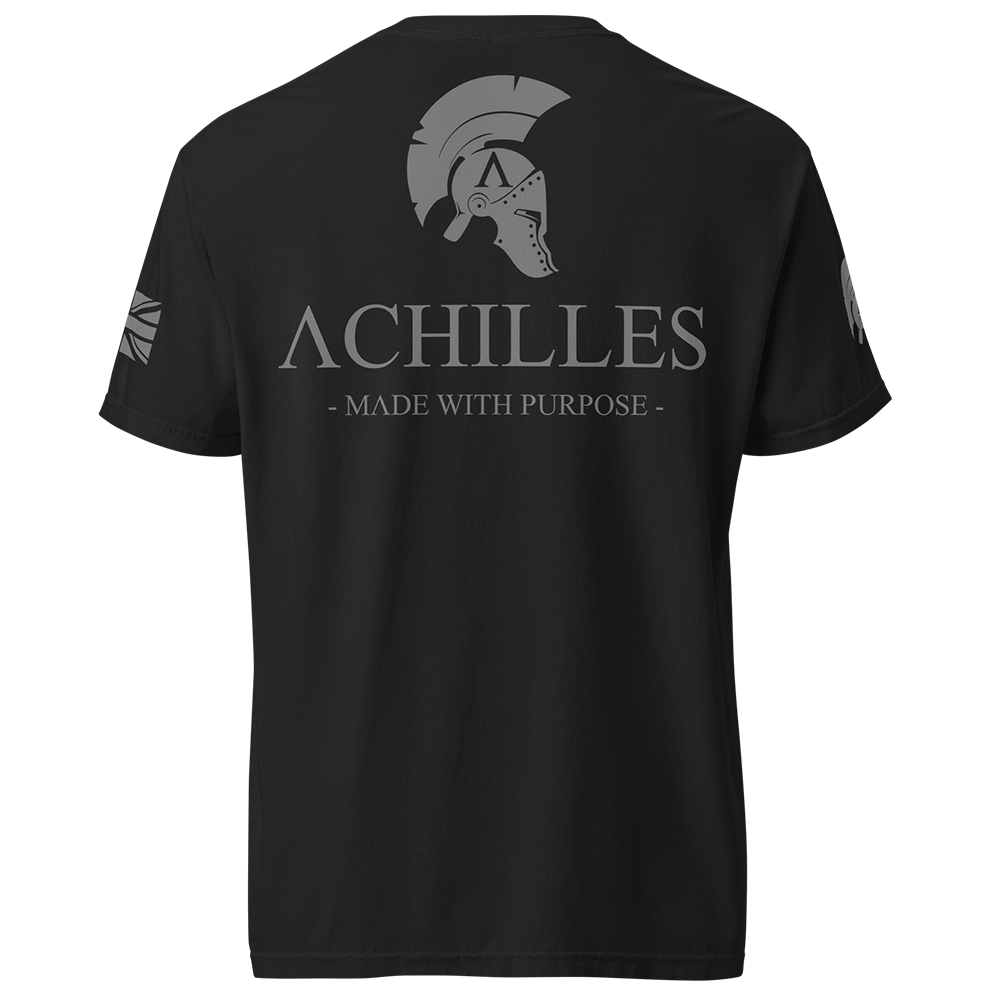 Back view of Black short sleeve unisex fit classic cotton T-Shirt by Achilles Tactical Clothing Brand printed with Large Signature Branded design across back