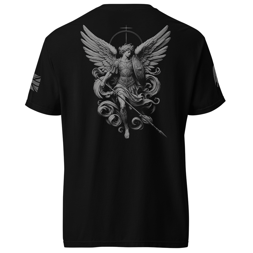 Back view of Black short sleeve unisex fit classic cotton T-Shirt by Achilles Tactical Clothing Brand printed with Large Archangel design across back