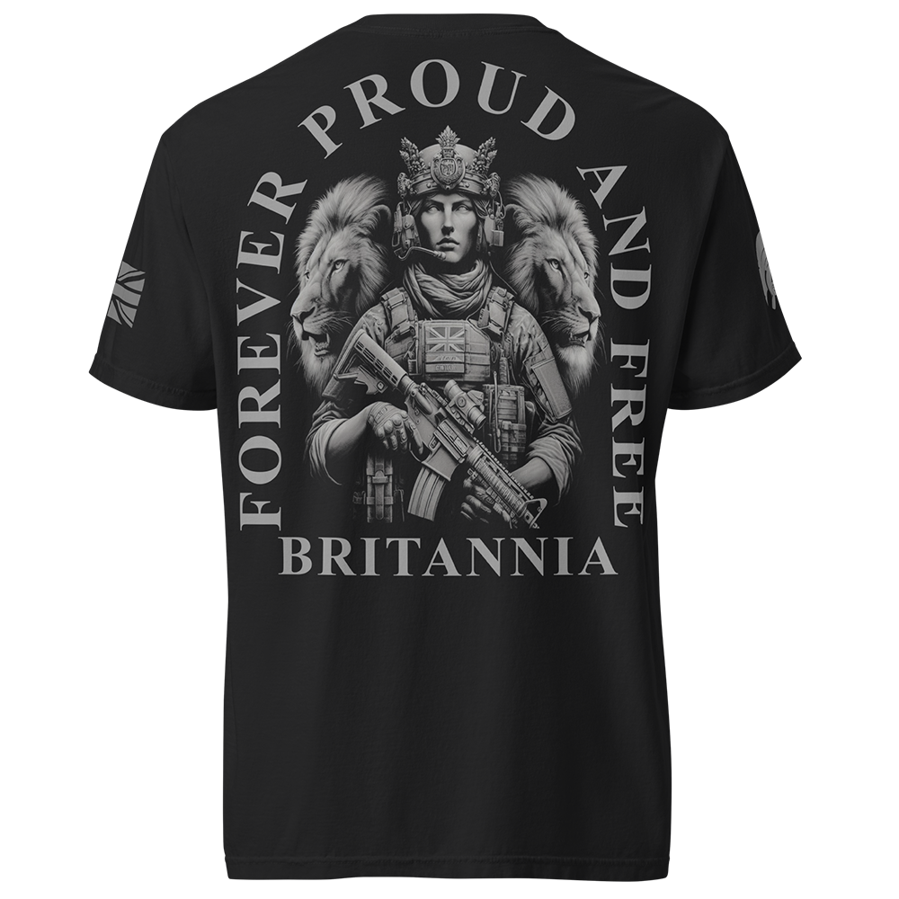 Back view of Black short sleeve unisex fit classic cotton T-Shirt by Achilles Tactical Clothing Brand printed with Large Proud and Free Britannia design across back