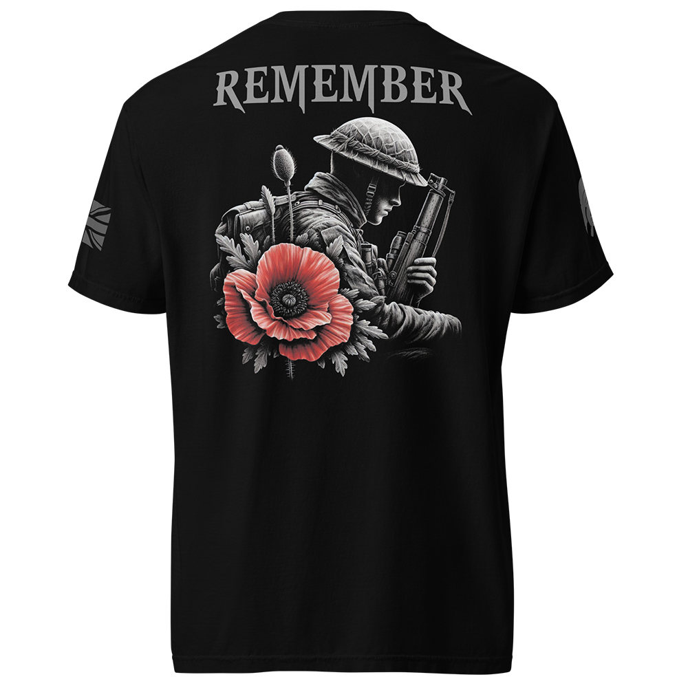 Back view of Black short sleeve unisex fit classic cotton T-Shirt by Achilles Tactical Clothing Brand printed with Large Remember poppy design across back