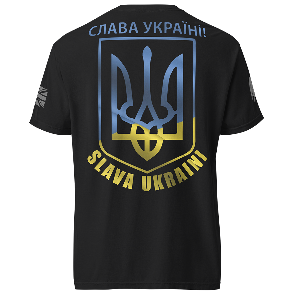 Back view of Black short sleeve unisex fit classic cotton T-Shirt by Achilles Tactical Clothing Brand printed with Large colour Slava Ukraini design across back