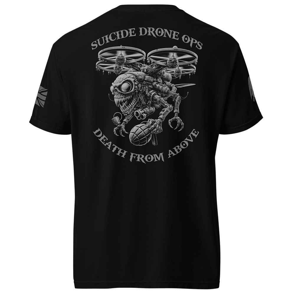 Back view of Black short sleeve classic cotton unisex fit T-Shirt by Achilles Tactical Clothing Brand with screen printed Suicide drone ops design on back