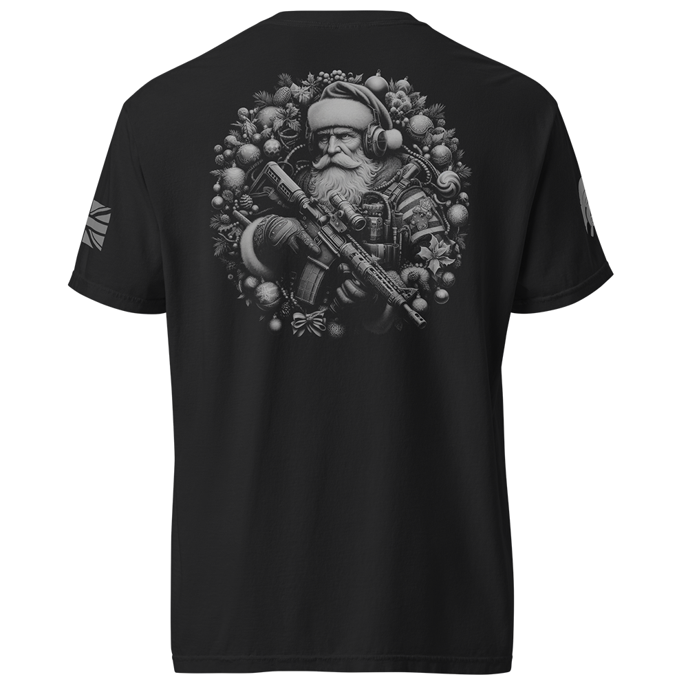 Back view of Black short sleeve unisex fit classic cotton T-Shirt by Achilles Tactical Clothing Brand printed with Large Tactical Santa design across back