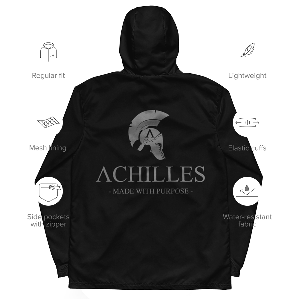 Back view of Black long sleeve unisex fit windbreaker track jacket by Achilles Tactical Clothing Brand printed with Achilles signature logo across back with details