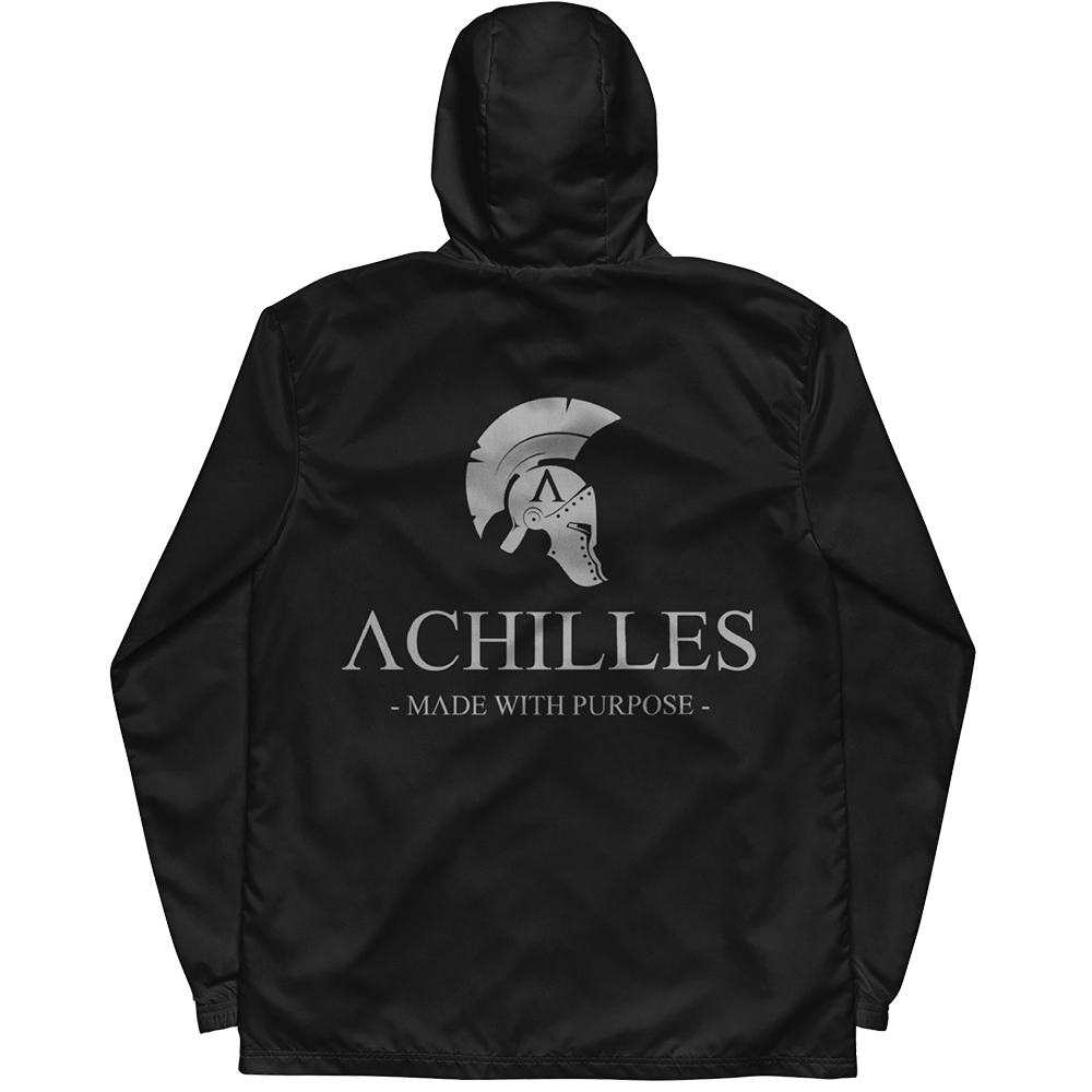 Back view of open zip hood up long sleeve unisex fit windbreaker track jacket by Achilles Tactical Clothing Brand printed with Large Achilles Signature logo design in wolf grey across back
