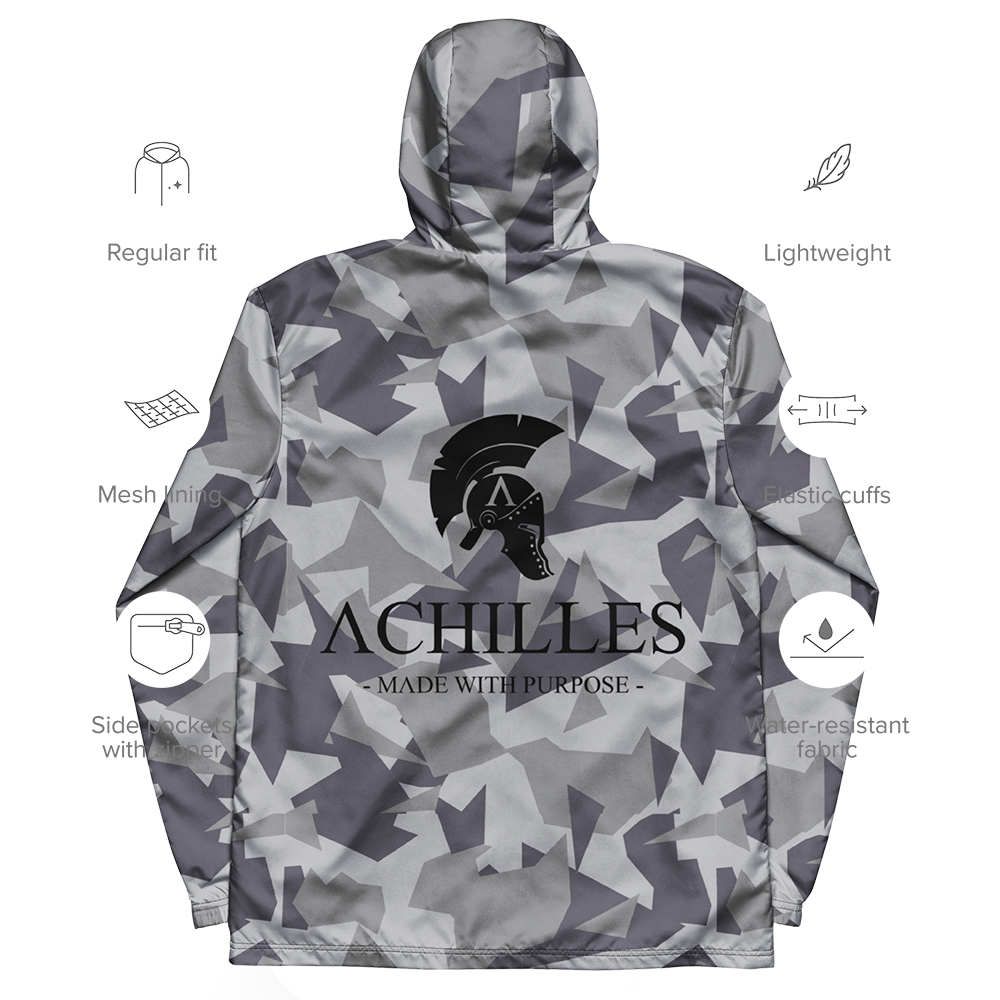 Back view of Grey Geo Cam long sleeve unisex fit windbreaker track jacket by Achilles Tactical Clothing Brand printed with Achilles signature logo across back with details