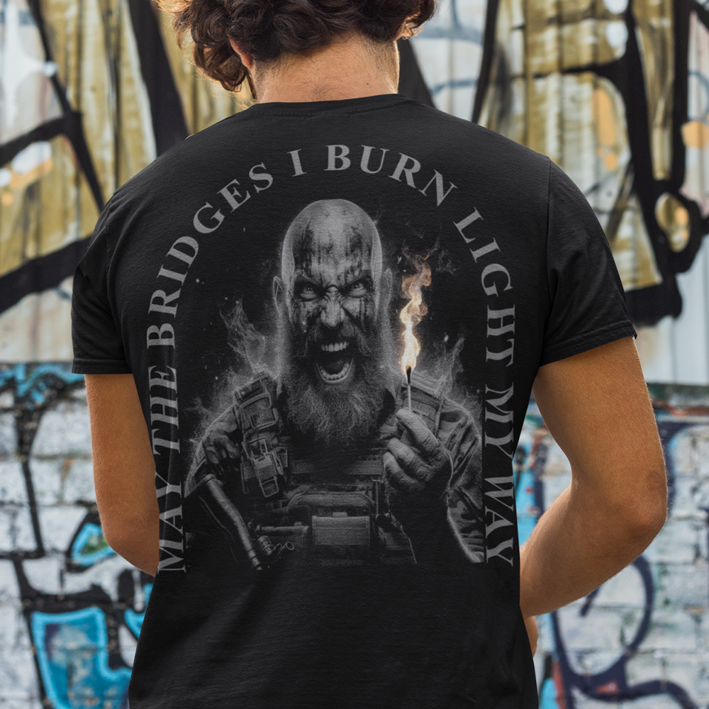 Back view man wearing Black short sleeve unisex fit classic cotton T-Shirt by Achilles Tactical Clothing Brand printed with Large Burn the Bridges design across back