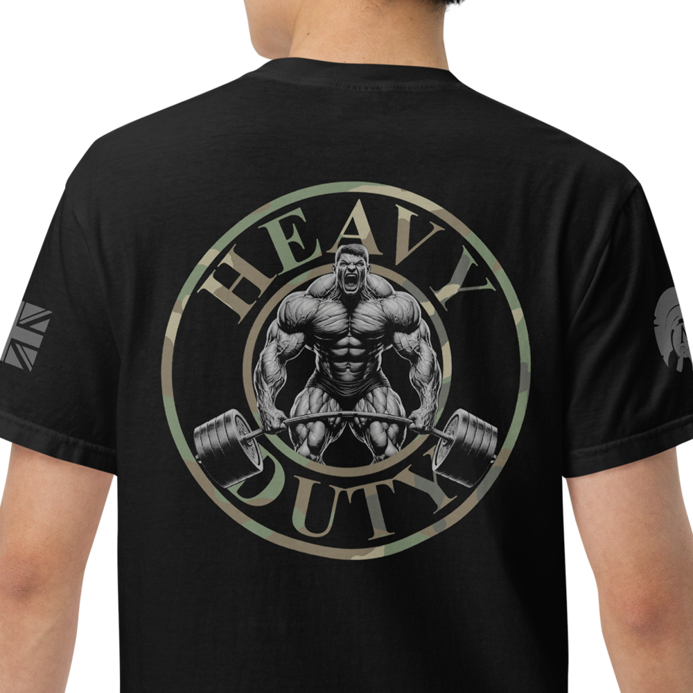 Back view of man wearing Black short sleeve classic cotton unisex fit T-Shirt by Achilles Tactical Clothing Brand with screen printed Heavy Duty design