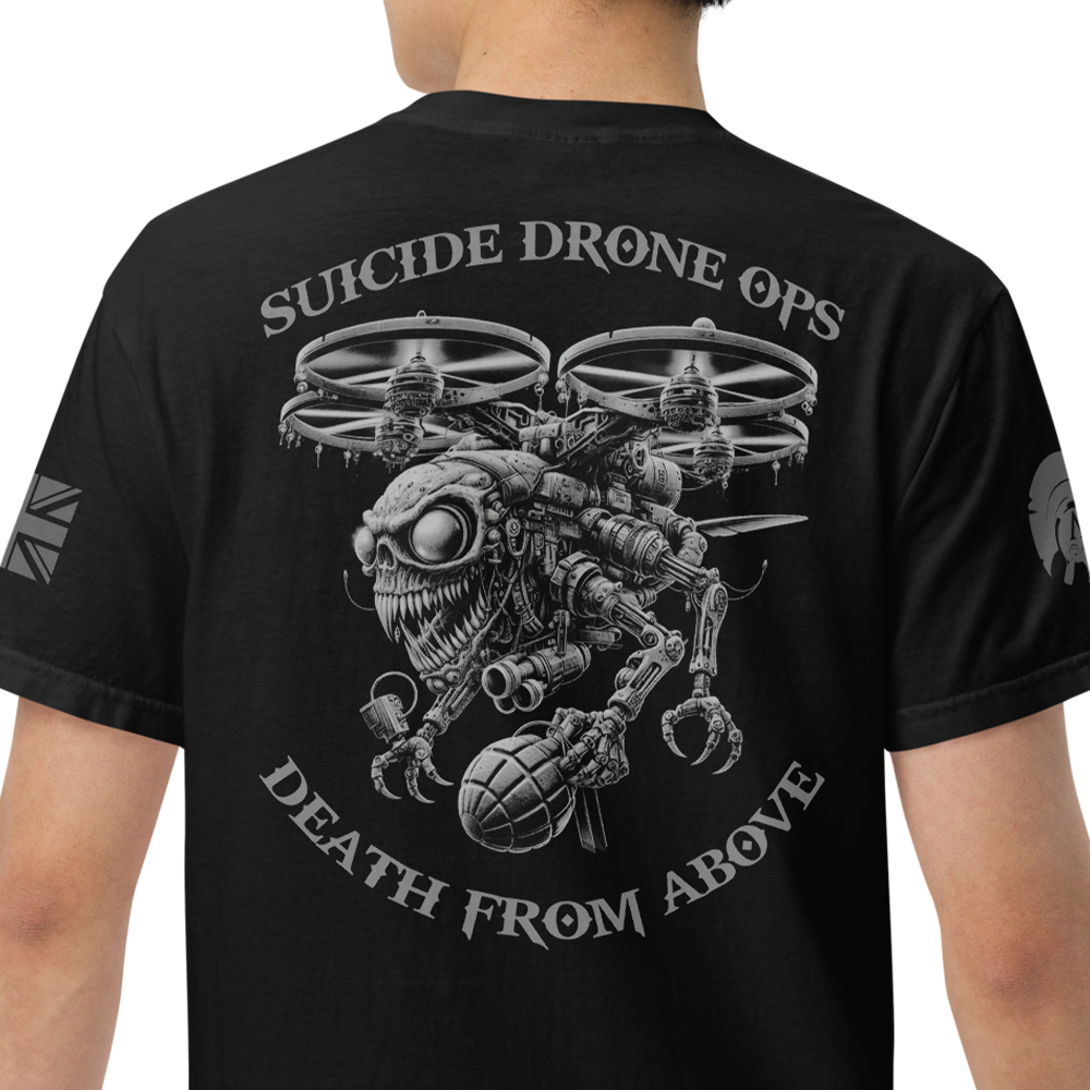 Back view of man wearing Black short sleeve classic cotton unisex fit T-Shirt by Achilles Tactical Clothing Brand with screen printed Suicide Drone Ops design