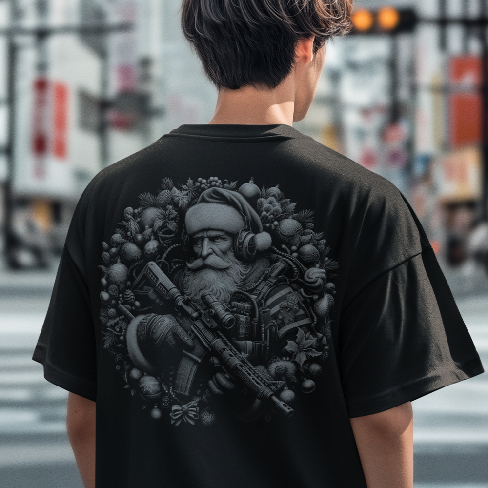 Back view of man wearing Black short sleeve unisex fit classic cotton T-Shirt by Achilles Tactical Clothing Brand printed with Large Tactical Santa design across back