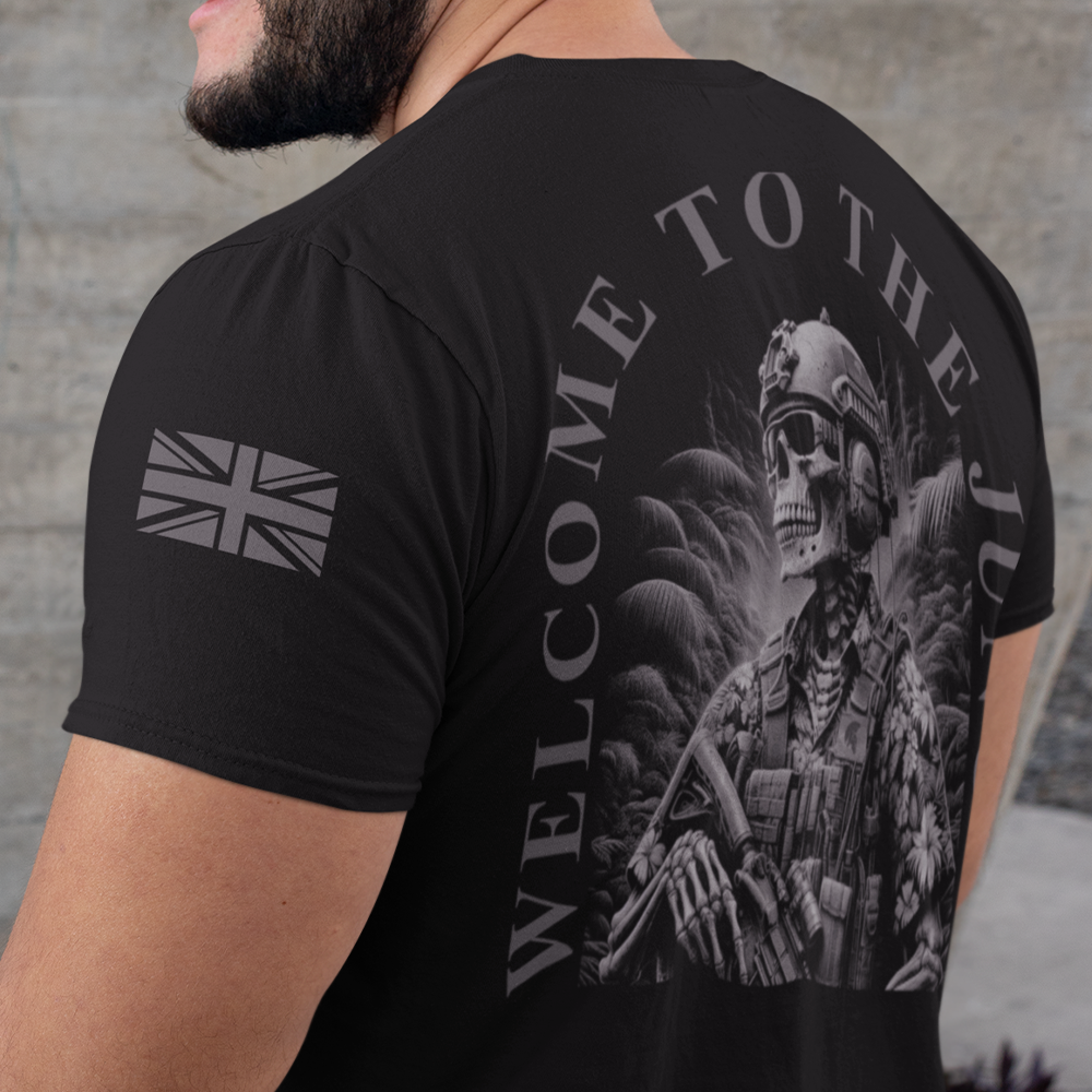 Back view of man wearing Black short sleeve unisex fit classic cotton T-Shirt by Achilles Tactical Clothing Brand printed with Large welcome to the jungle design across back