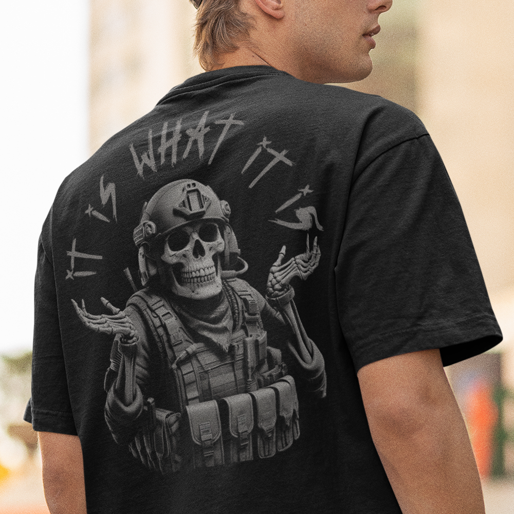 Back view of man wearing Black short sleeve unisex fit classic cotton T-Shirt by Achilles Tactical Clothing Brand printed with Large what it is design across back