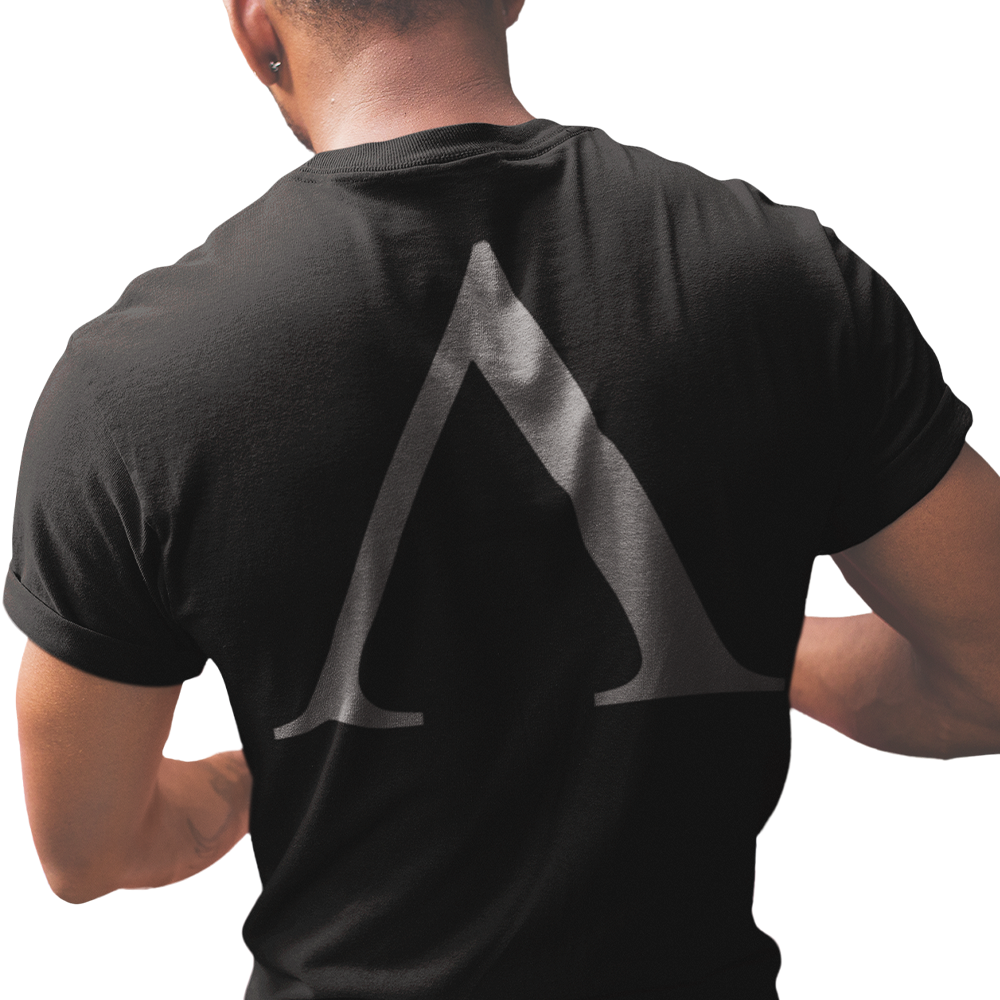 Back view of man wearing black short sleeve unisex fit original T-Shirt by Achilles Tactical Clothing Brand Alpha design