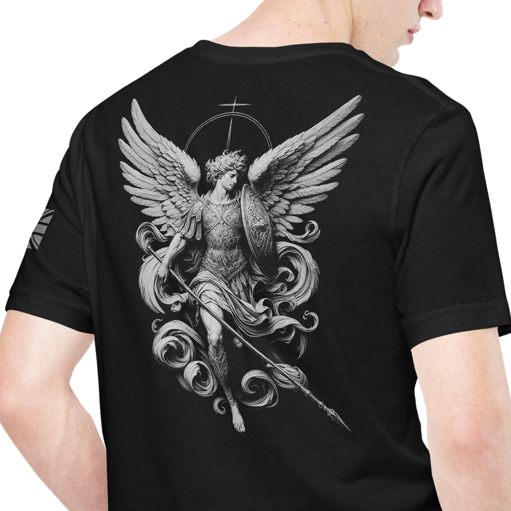 Back view of man wearing black short sleeve unisex fit original T-Shirt by Achilles Tactical Clothing Brand Archangel design