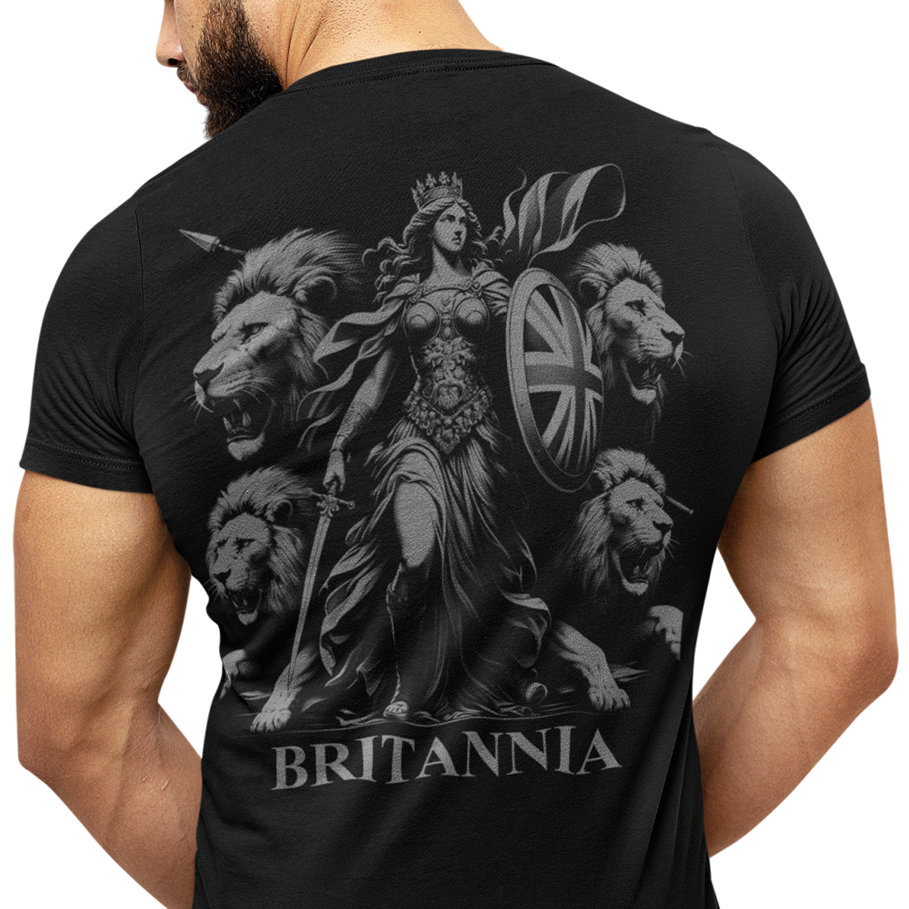 Back view of man wearing black short sleeve unisex fit original T-Shirt by Achilles Tactical Clothing Brand Britannia design