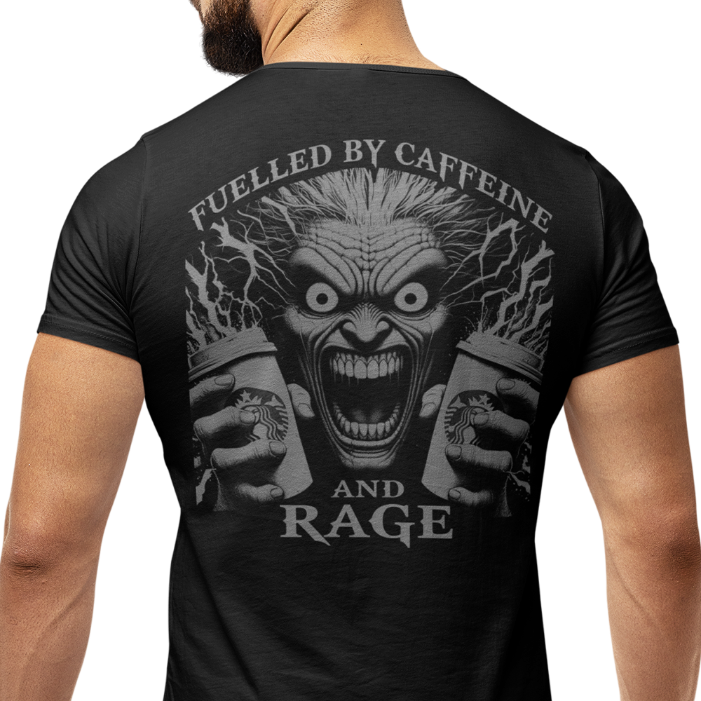 Back view of man wearing black short sleeve unisex fit original T-Shirt by Achilles Tactical Clothing Brand Caffeine and Rage design