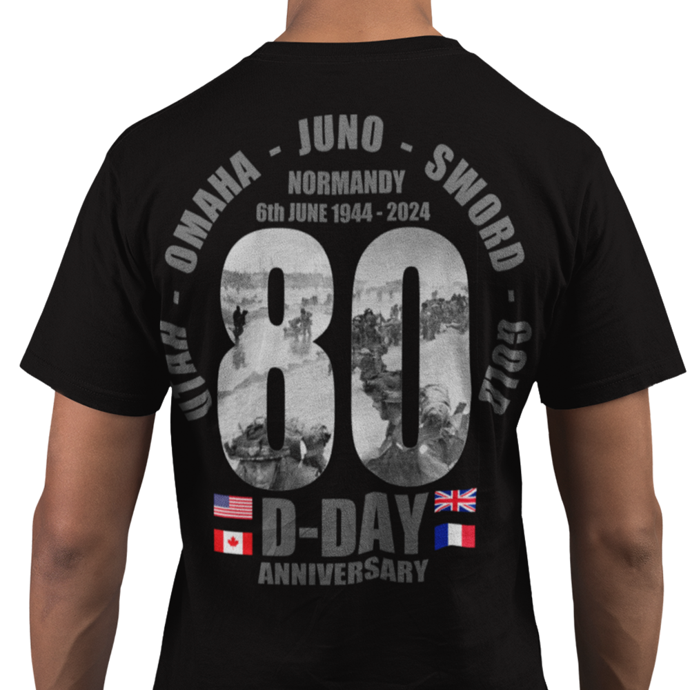 Back view of man wearing black short sleeve unisex fit original T-Shirt by Achilles Tactical Clothing Brand DDAY 80 design