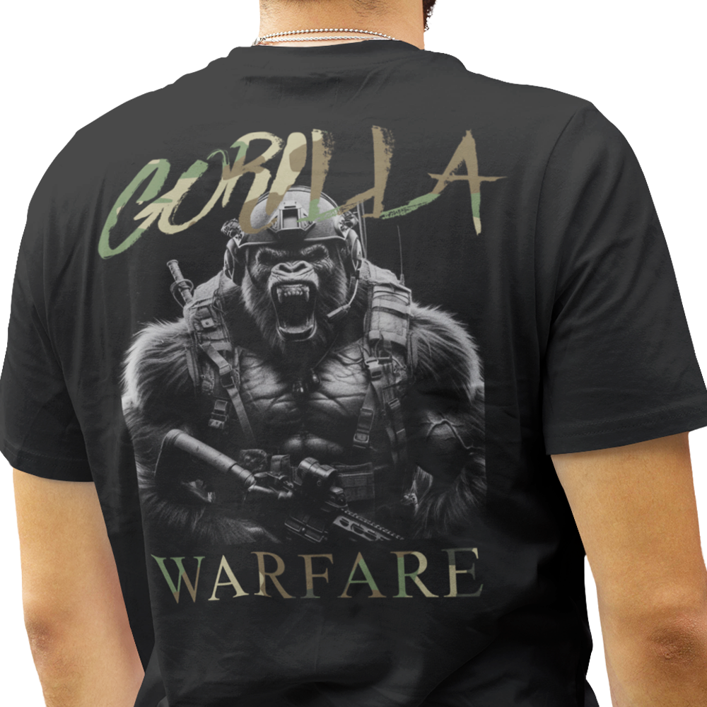 Back view of man wearing black short sleeve unisex fit original T-Shirt by Achilles Tactical Clothing Brand Gorilla Warfare design