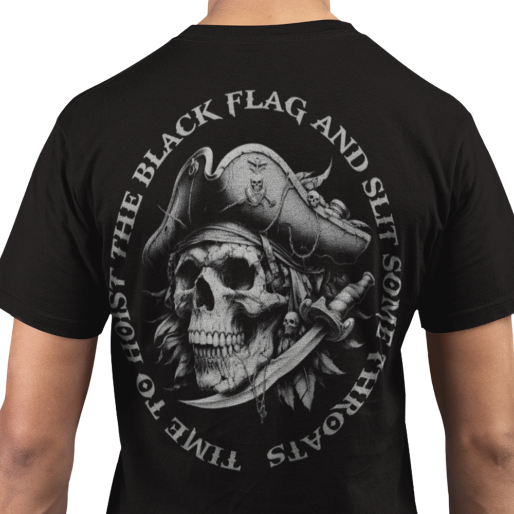 Back view of man wearing black short sleeve unisex fit original T-Shirt by Achilles Tactical Clothing Brand Hoist the black flag design