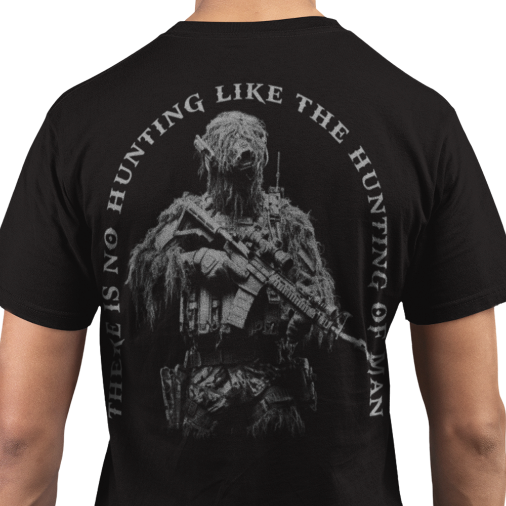 Back view of man wearing black short sleeve unisex fit original T-Shirt by Achilles Tactical Clothing Brand Hunting of man design