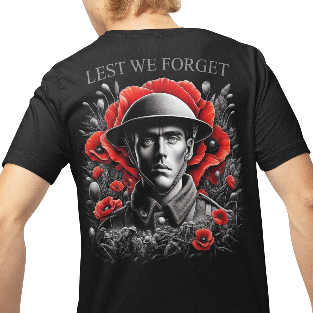 Back view of man wearing black short sleeve unisex fit original T-Shirt by Achilles Tactical Clothing Brand Lest we forget design