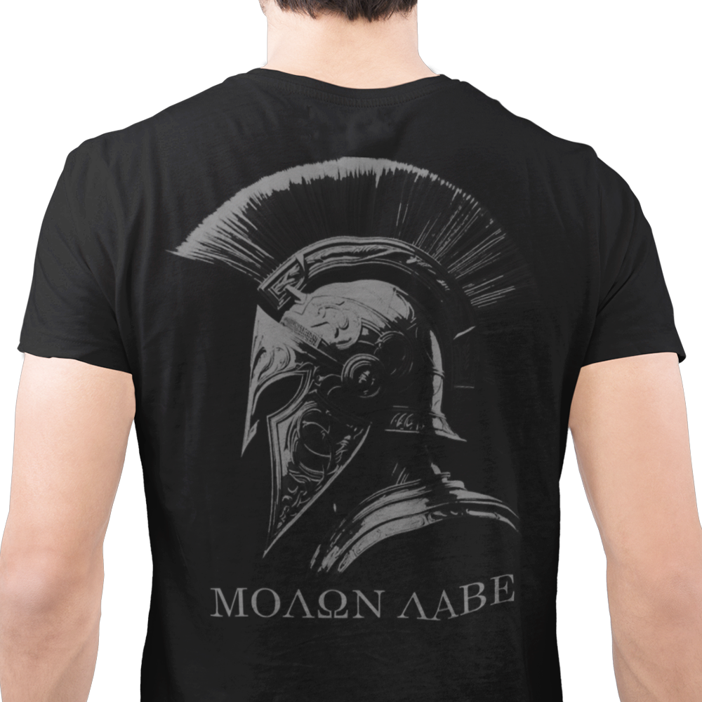 Back view of man wearing black short sleeve unisex fit original T-Shirt by Achilles Tactical Clothing Brand Molon Labe design