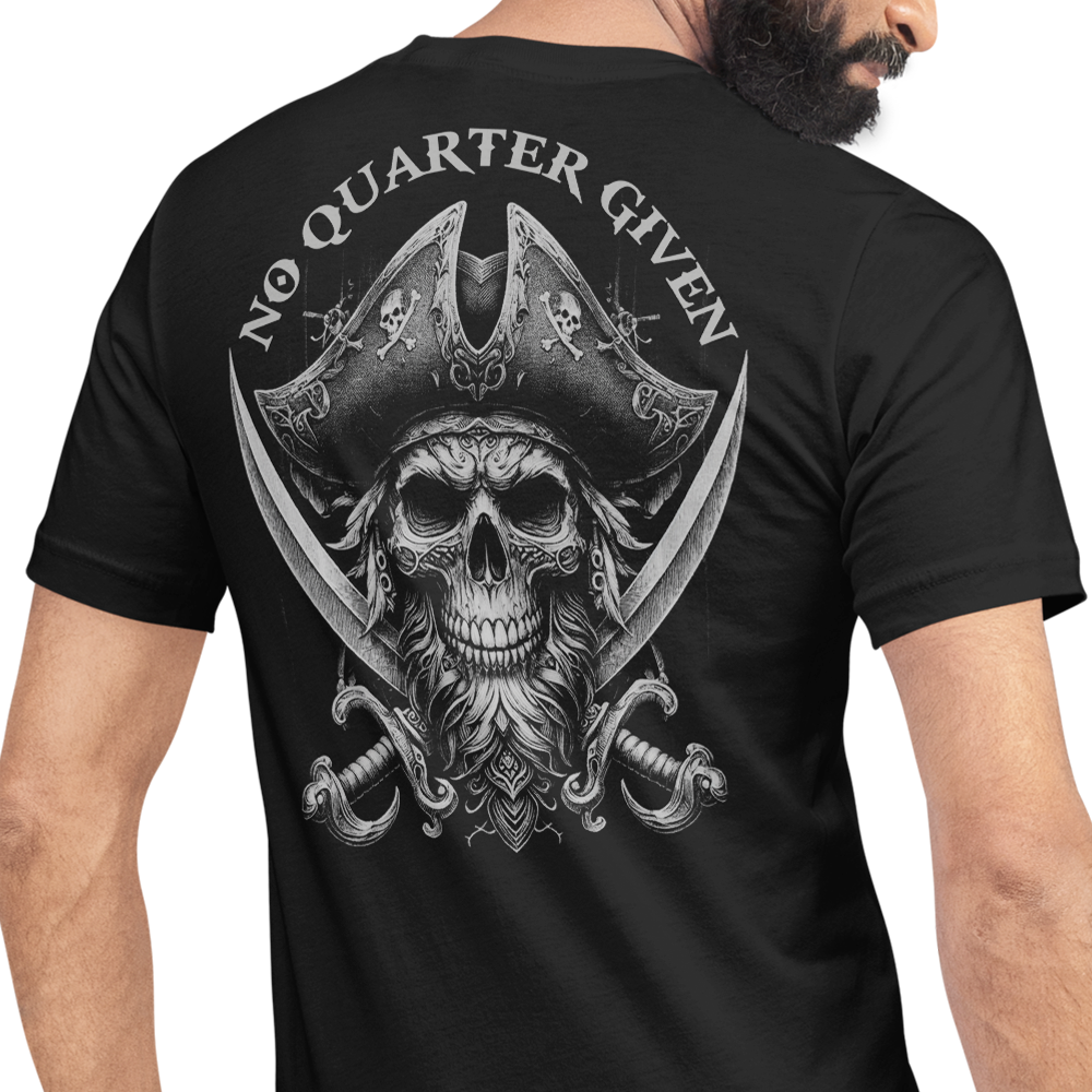 Back view of man wearing black short sleeve unisex fit original T-Shirt by Achilles Tactical Clothing Brand No Quarter Given design