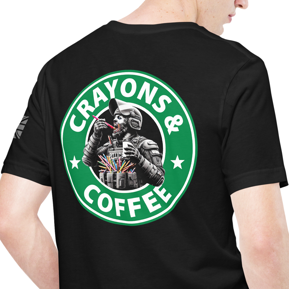 Back view of man wearing black short sleeve unisex fit original T-Shirt by Achilles Tactical Clothing Brand Crayons & Coffee (PSU) design
