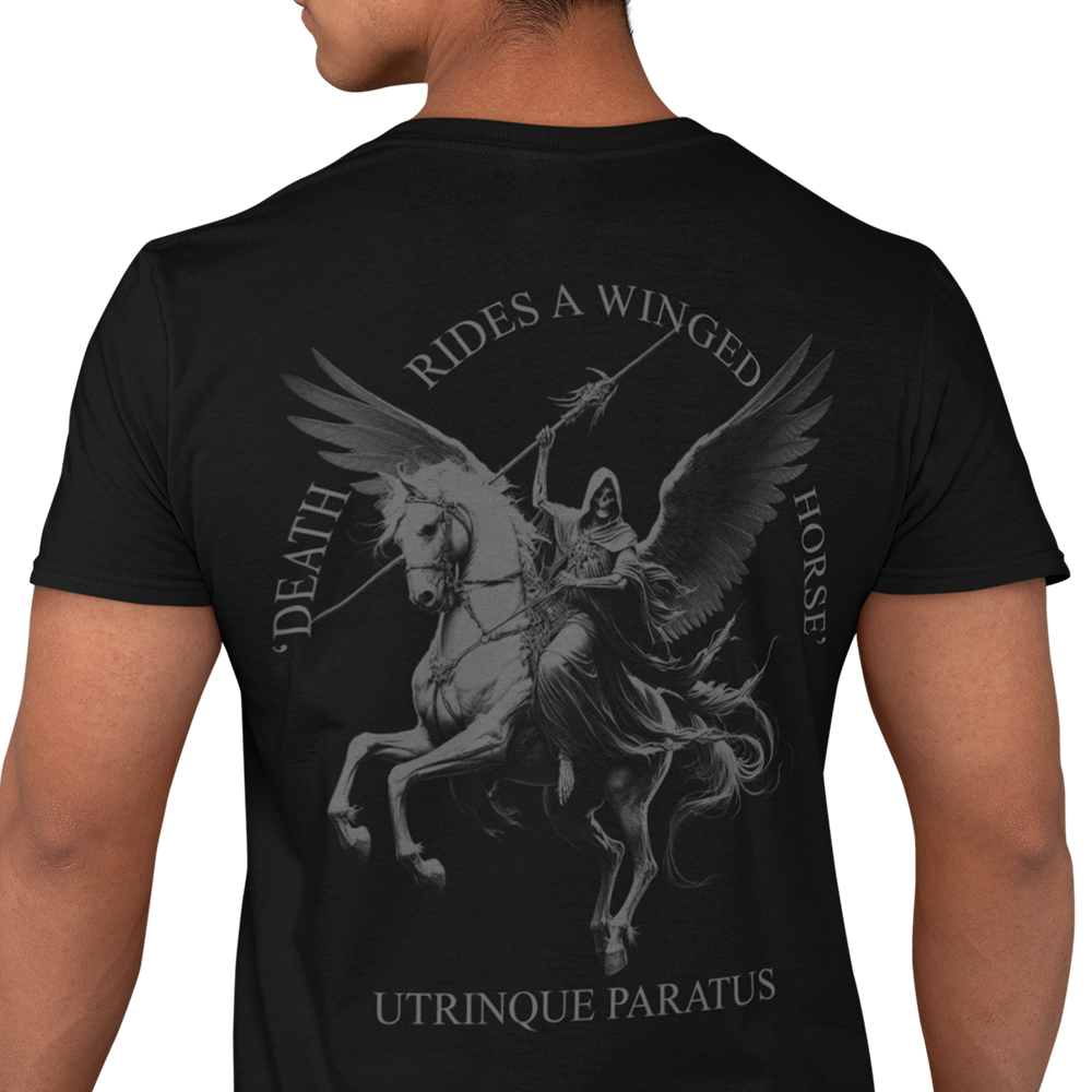 Back view of man wearing black short sleeve unisex fit original T-Shirt by Achilles Tactical Clothing Brand Pegasus design