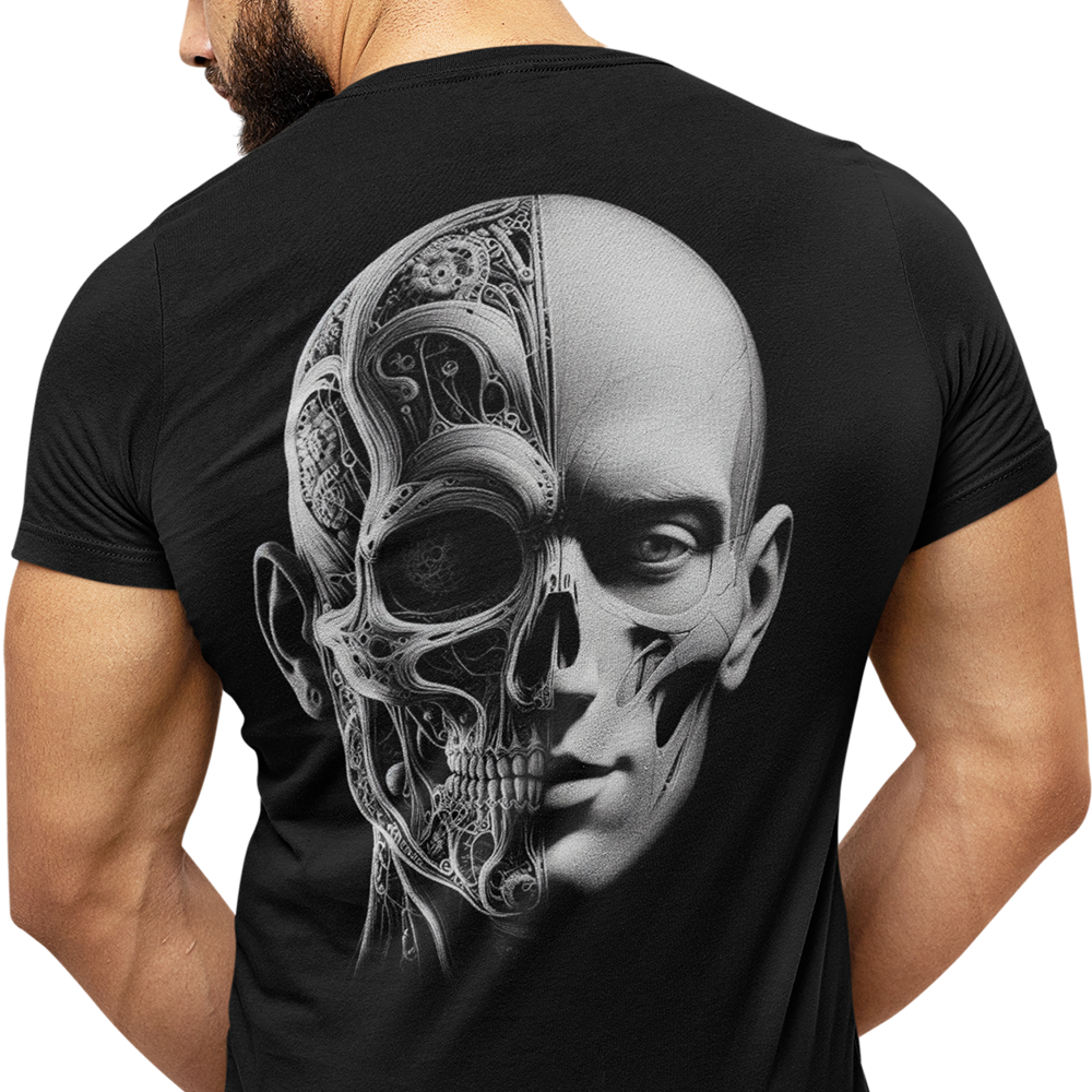 Back view of man wearing black short sleeve unisex fit original T-Shirt by Achilles Tactical Clothing Brand Prometheus design