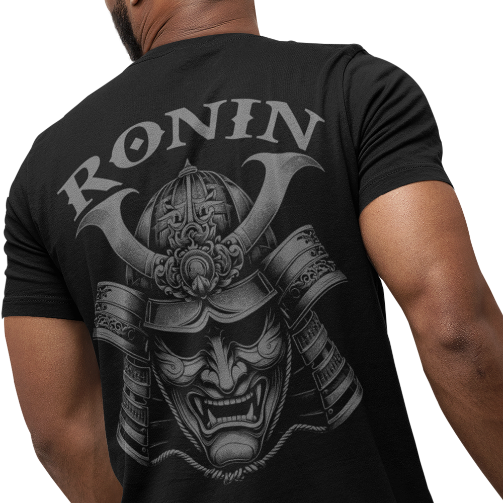 Back view of man wearing black short sleeve unisex fit original T-Shirt by Achilles Tactical Clothing Brand Ronin design