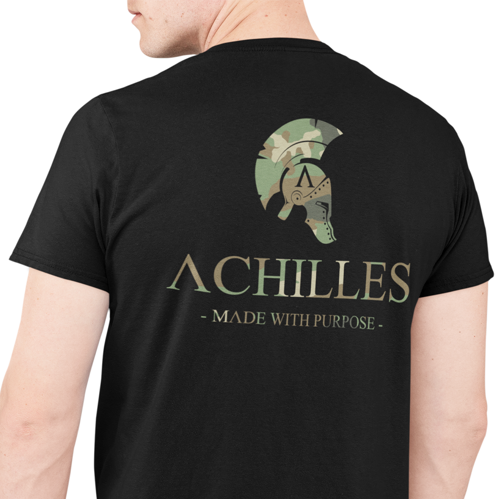 Back view of man wearing black short sleeve unisex fit original T-Shirt by Achilles Tactical Clothing Brand signature DPM Cam design